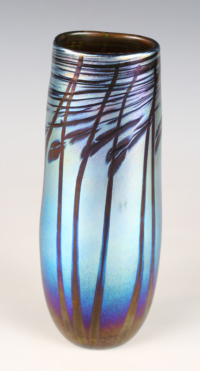 A Norman Stuart Clark iridescent studio glass vase, the elongated body decorated with stylized - Image 9 of 13