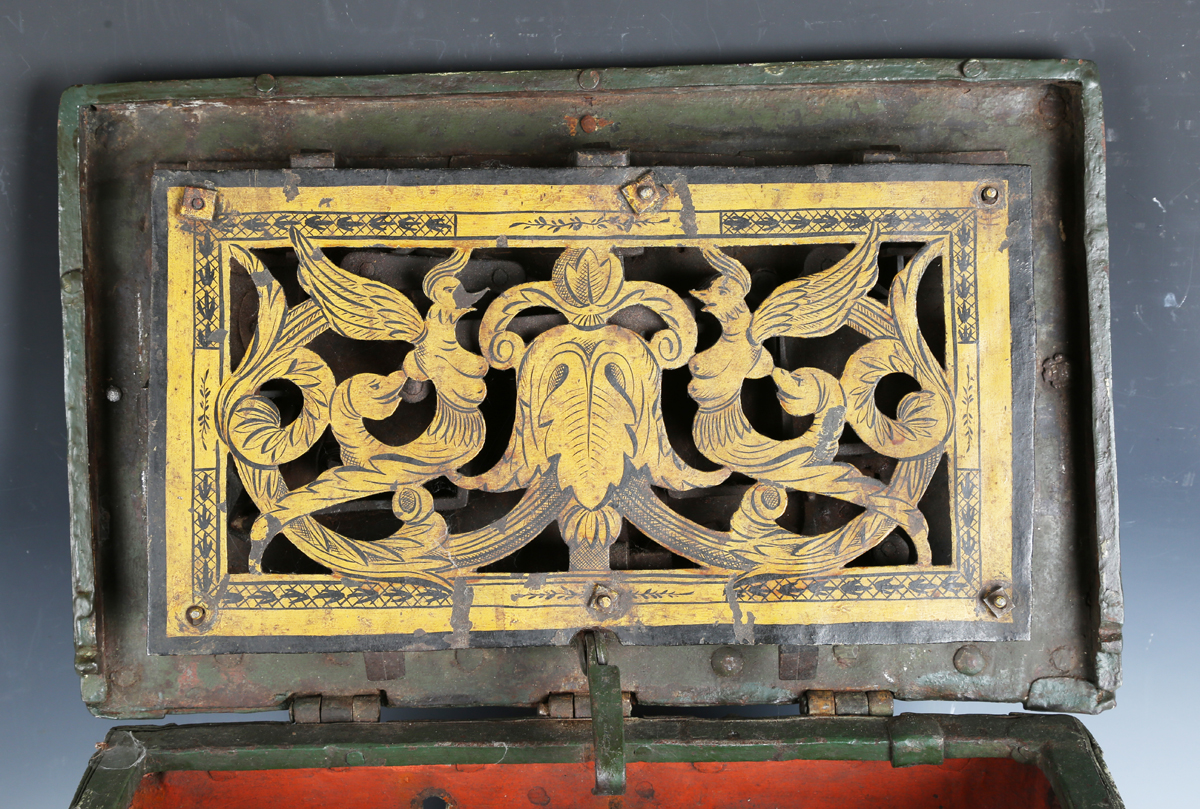 A 17th century steel Armada chest, the strapwork exterior fitted with ring handles, the interior - Image 13 of 13