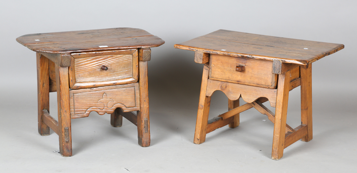 An 18th century provincial pine low table fitted with a single drawer, height 48cm, width 62cm,