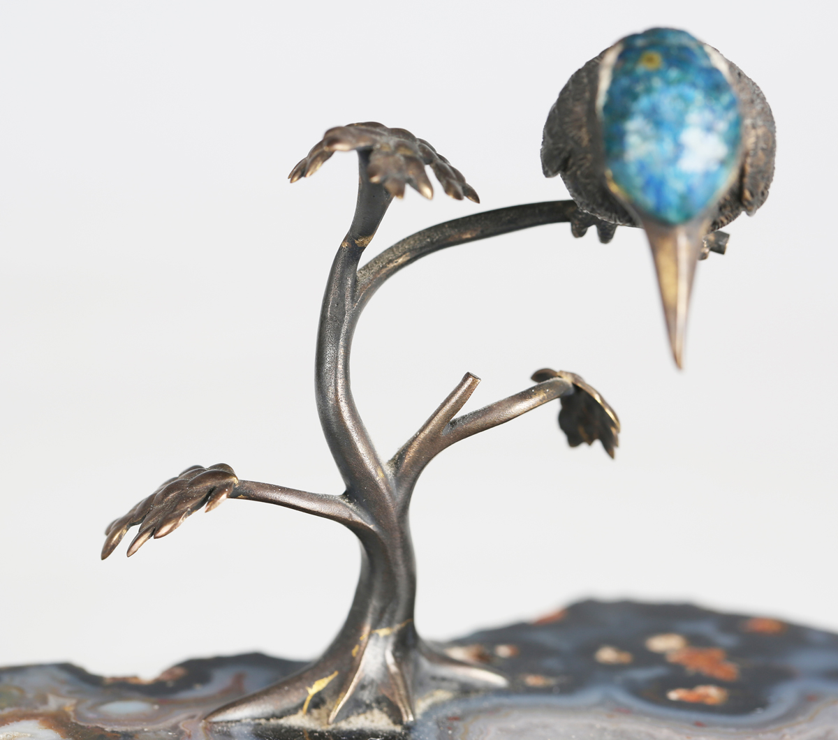 A 20th century Continental cold painted cast bronze model of a kingfisher perched on a branch, - Image 3 of 6