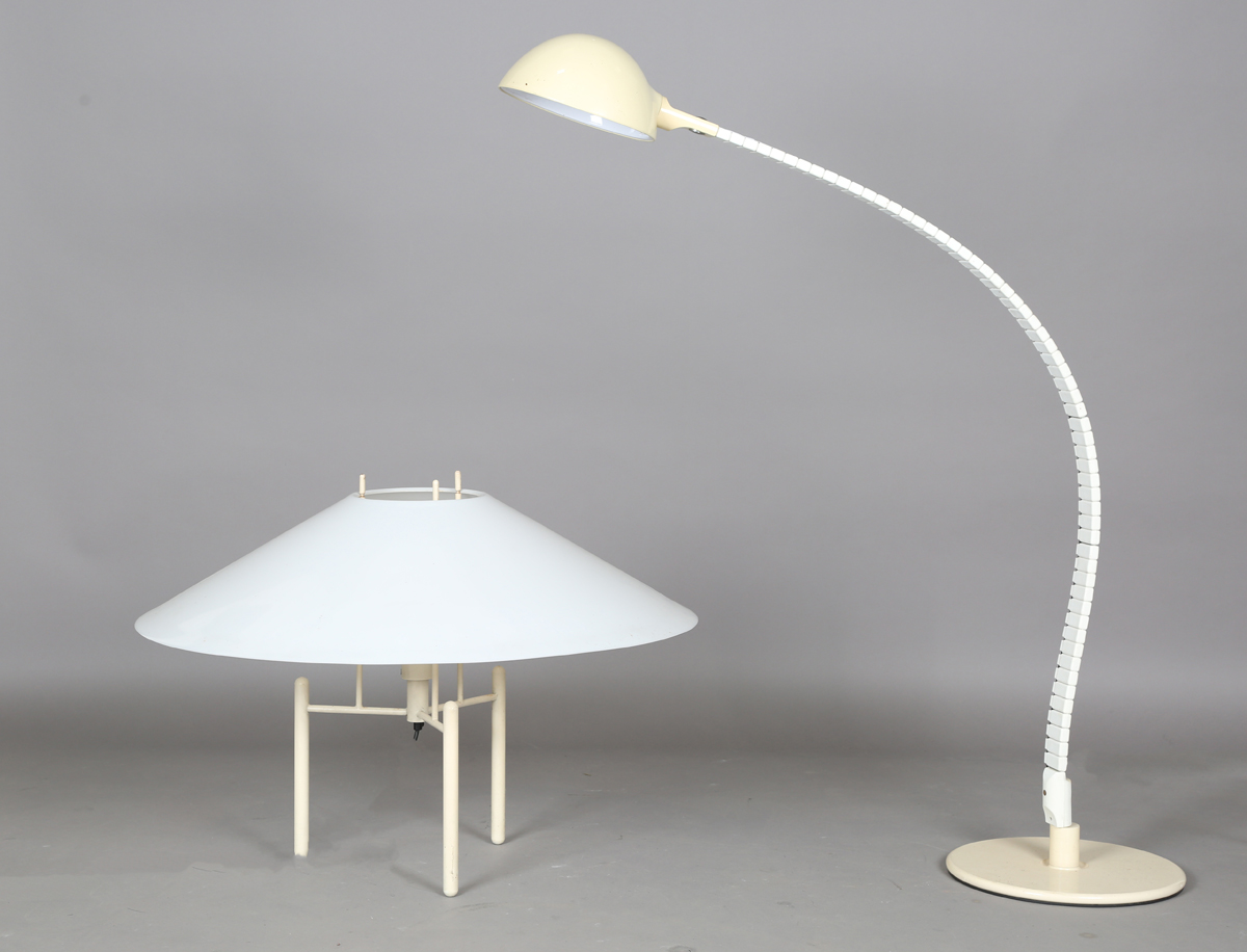 An Italian white plastic floor-standing lamp by Mod, with vertebrae style adjustable stem,