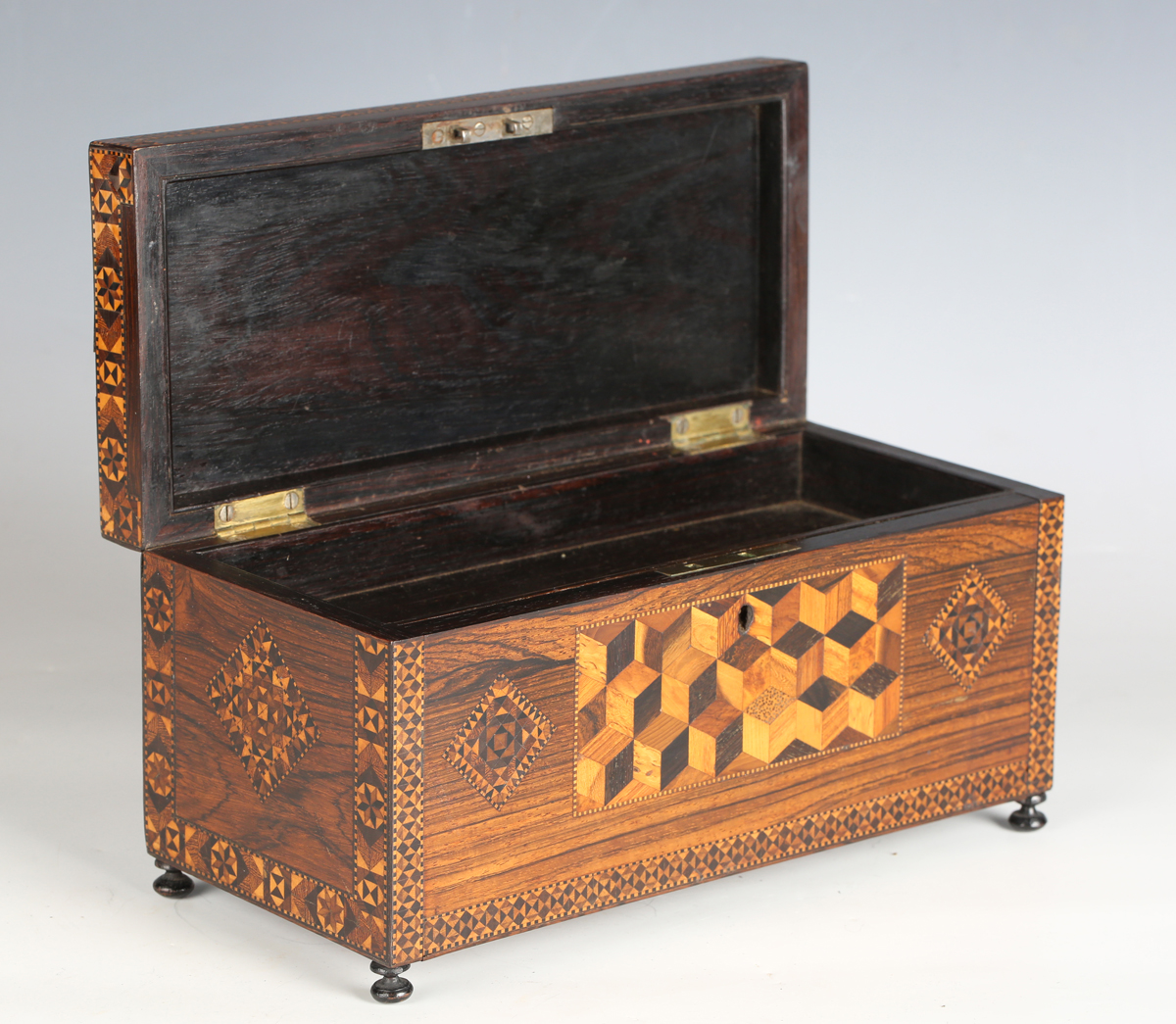 A rare 19th century Tunbridge ware rosewood lace netting box, the hinged lid and sides with - Image 17 of 17