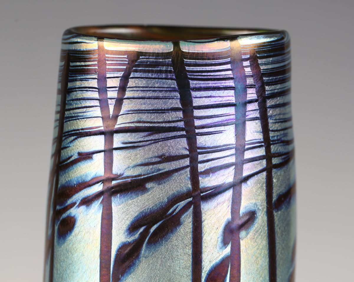 A Norman Stuart Clark iridescent studio glass vase, the elongated body decorated with stylized - Image 13 of 13