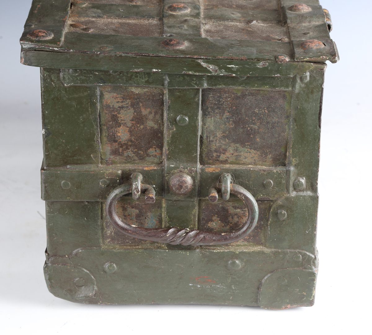 A 17th century steel Armada chest, the strapwork exterior fitted with ring handles, the interior - Image 2 of 13