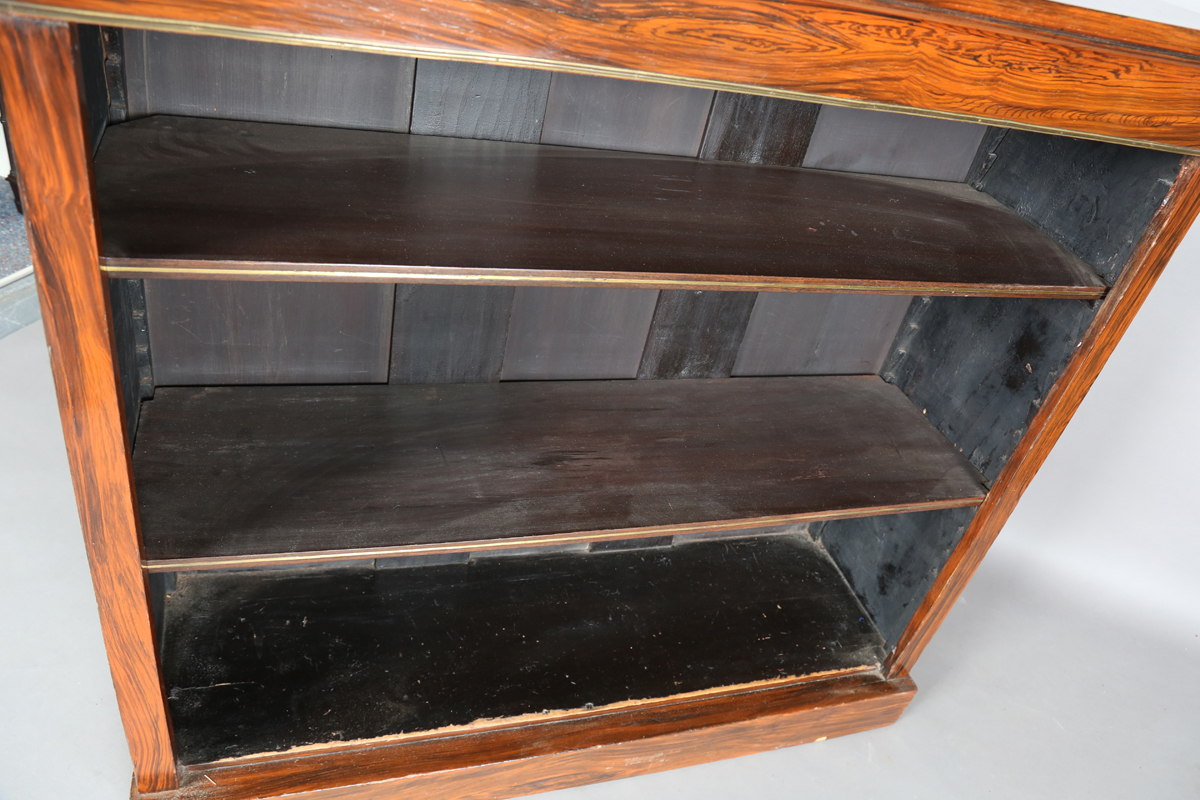 A 19th century simulated rosewood open bookcase, fitted with two brass inlaid shelves, height 100cm, - Image 6 of 8