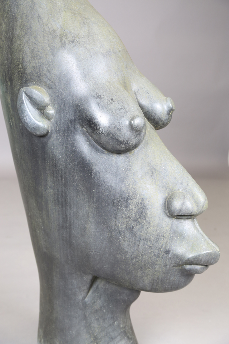 Bernard Matemera - a large late 20th century Shona carved dark green stone surrealist style head, - Image 4 of 17