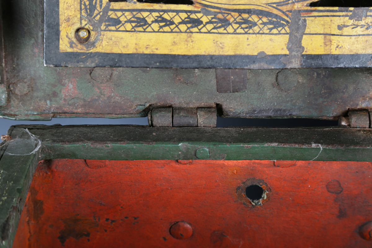 A 17th century steel Armada chest, the strapwork exterior fitted with ring handles, the interior - Image 8 of 13