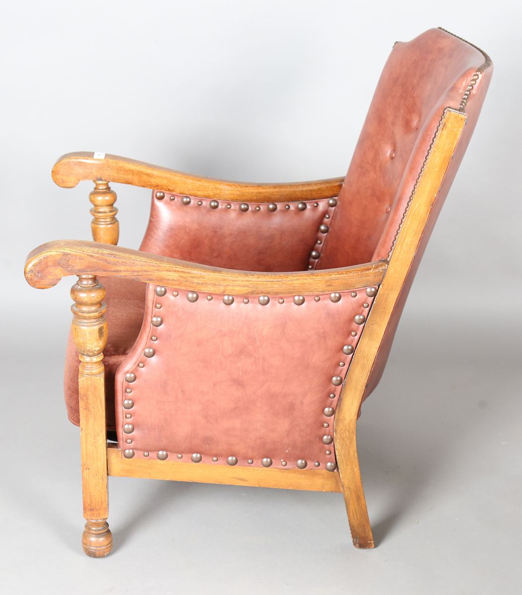 A pair of early/mid-20th century oak framed armchairs, upholstered in buttoned brown leatherette, - Image 5 of 24