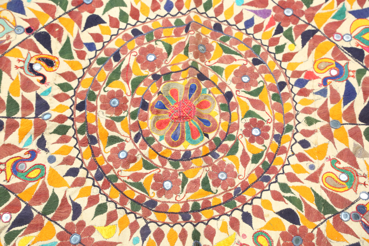 An Indian kutch needlework hanging, embroidered in polychrome threads and embellished with - Image 8 of 8
