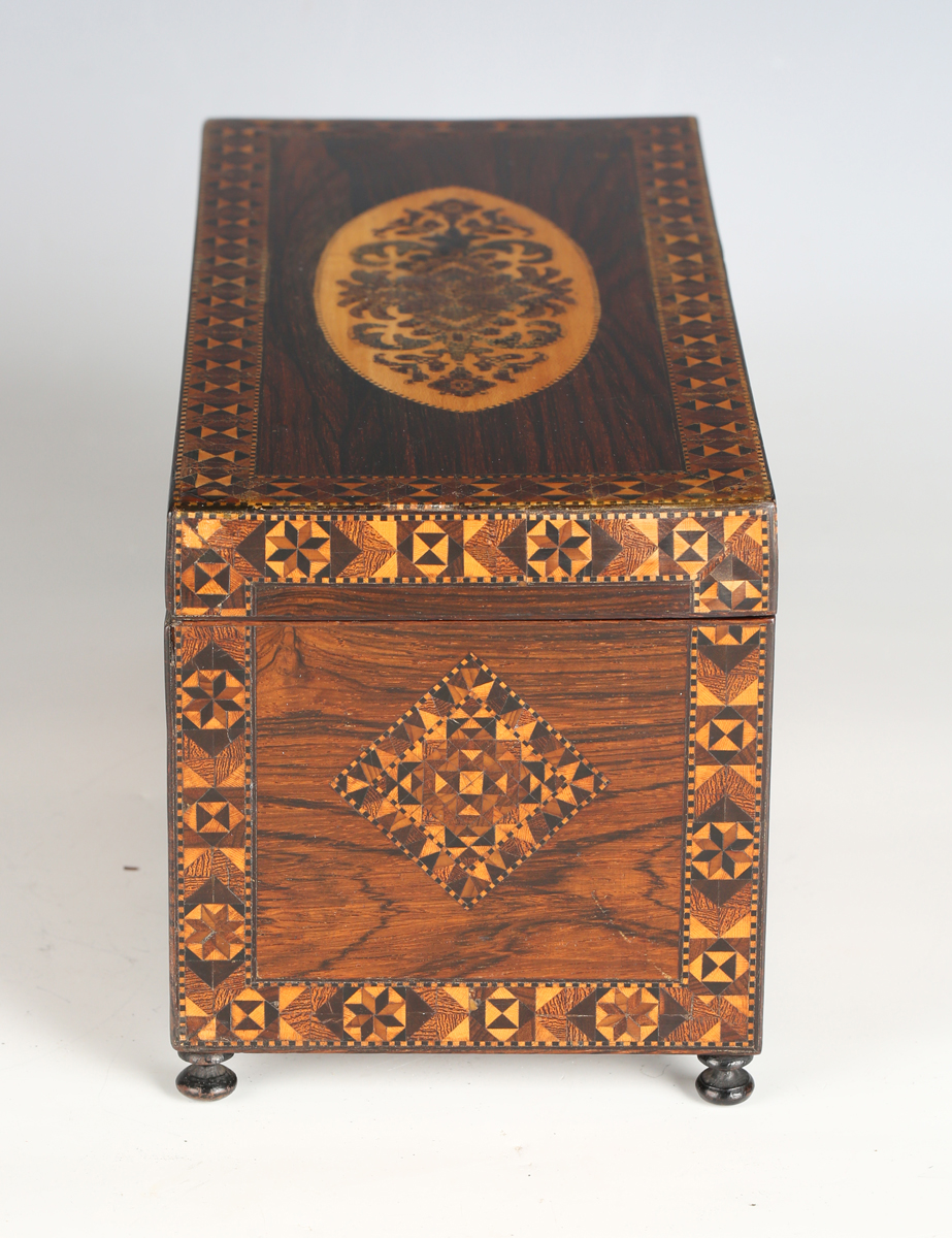 A rare 19th century Tunbridge ware rosewood lace netting box, the hinged lid and sides with - Image 6 of 17