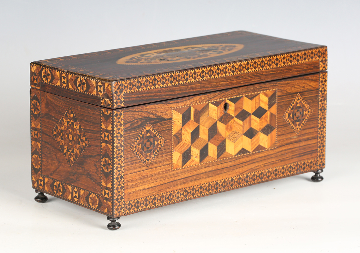 A rare 19th century Tunbridge ware rosewood lace netting box, the hinged lid and sides with