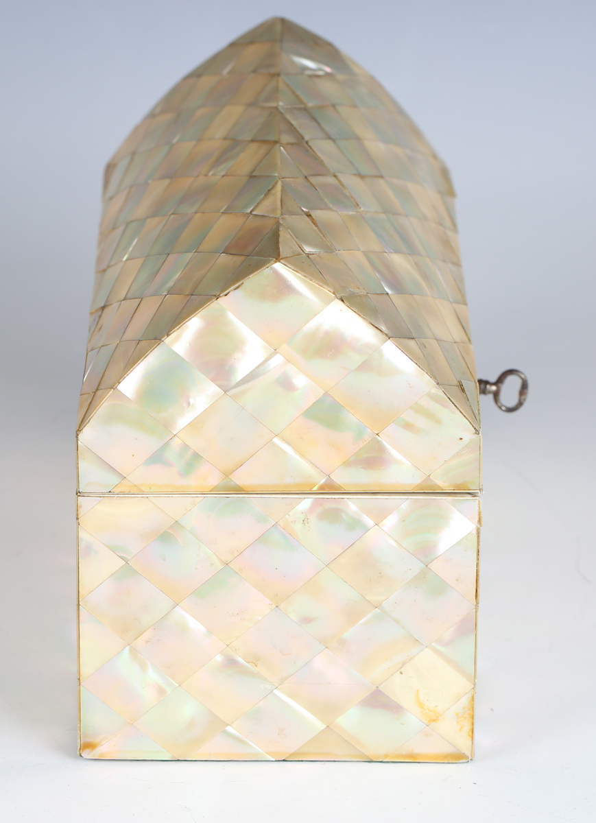 A late 19th century mother-of-pearl veneered stationery box, the arched lid revealing a later fitted - Image 3 of 8