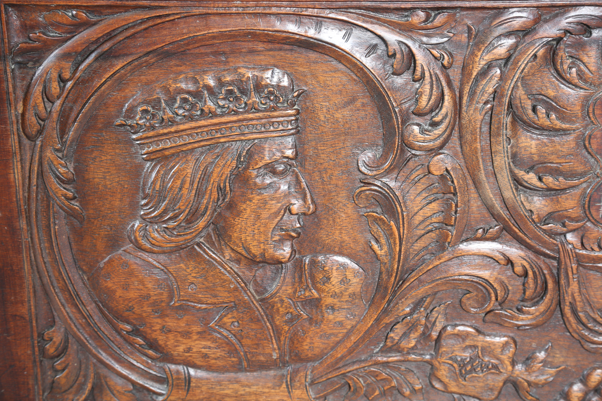 An 18th century French walnut domed trunk, finely carved with coats of arms, initials and further - Image 14 of 14