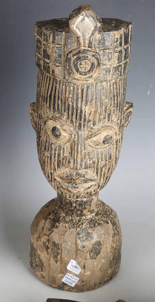 A Bambara Chiwara headdress of typical antelope form, height 77cm, together with two African - Image 10 of 13