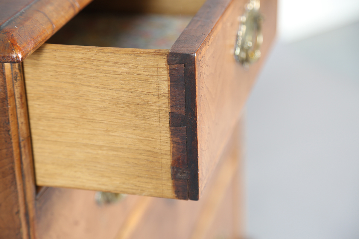 A Queen Anne 18th century style walnut chest with cross and feather banded decoration, fitted with - Image 6 of 10