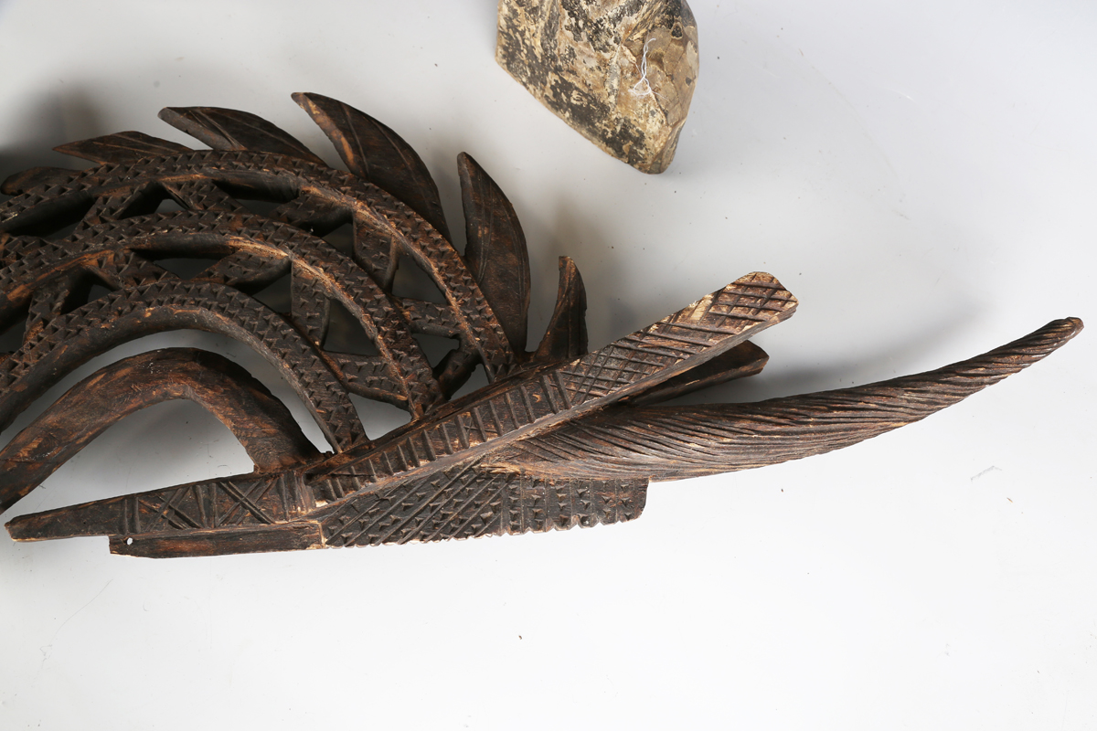 A Bambara Chiwara headdress of typical antelope form, height 77cm, together with two African - Image 7 of 13