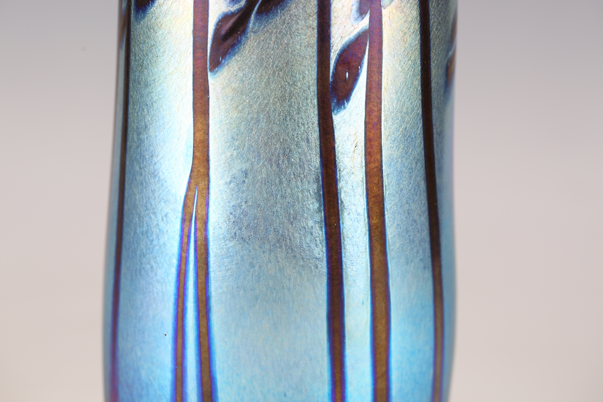 A Norman Stuart Clark iridescent studio glass vase, the elongated body decorated with stylized - Image 12 of 13