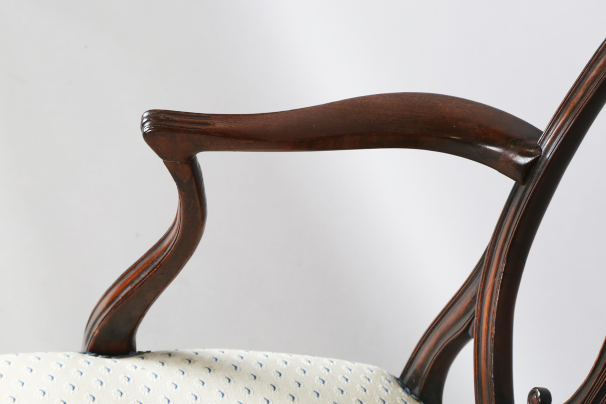 A George III mahogany shield back elbow chair, the seat covered in a patterned damask, height - Image 8 of 12