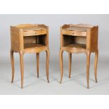 A pair of 20th century French oak bedside tables, each galleried top above a drawer, height 69cm,