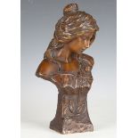 After Emanuel Villanis - a 20th century brown patinated cast bronze bust of a young maiden,