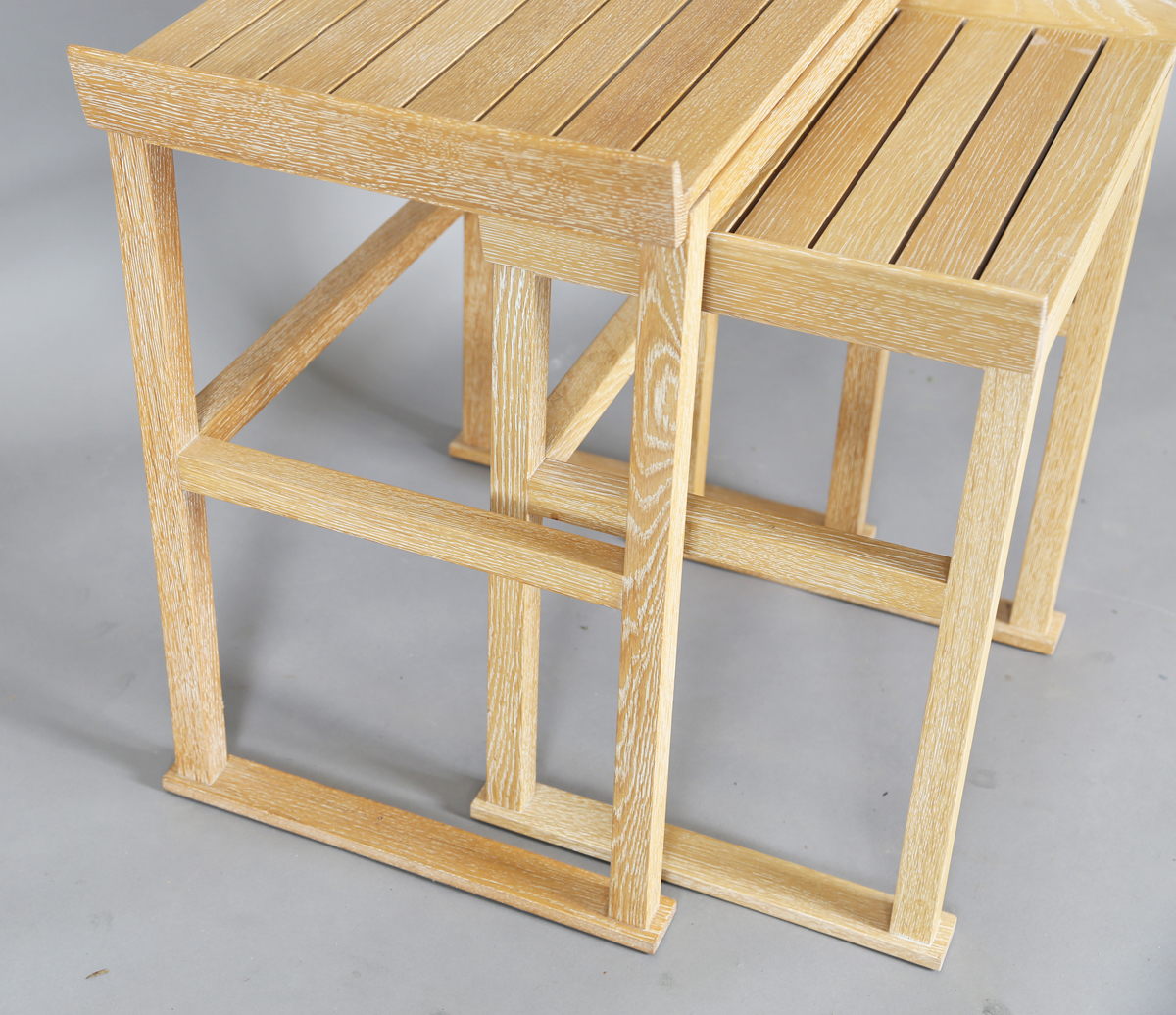 A modern limed oak nest of two occasional tables, each removable slatted tray top revealing a - Image 4 of 6