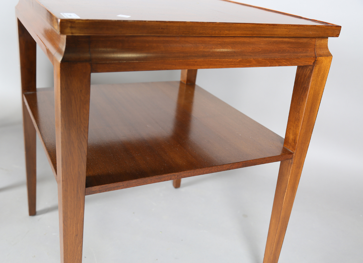 A pair of mid-20th century French mahogany lamp tables of retro design, the quarter-veneered tops - Image 6 of 8