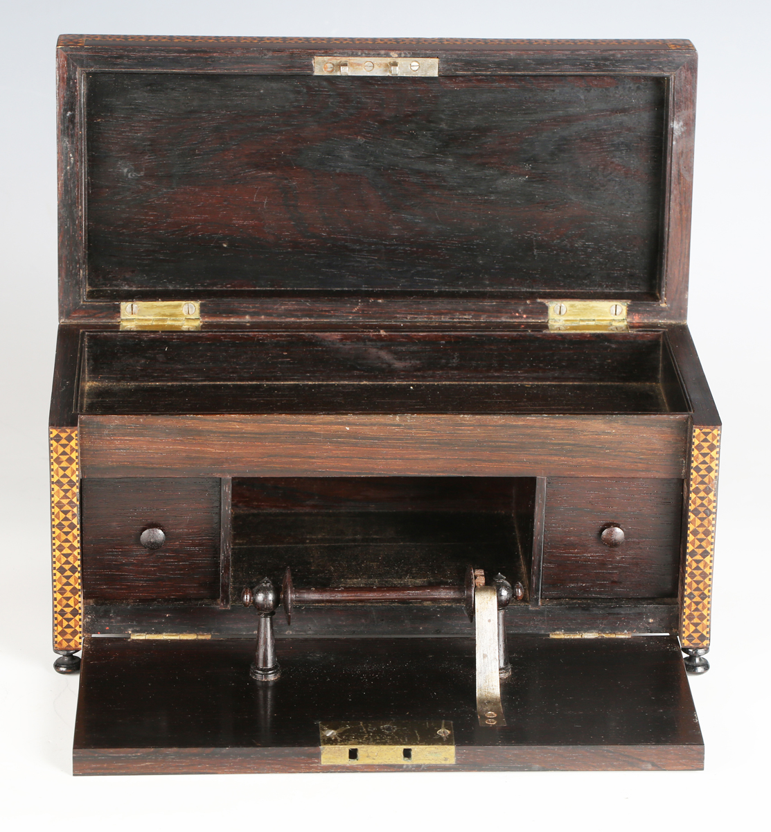 A rare 19th century Tunbridge ware rosewood lace netting box, the hinged lid and sides with - Image 16 of 17