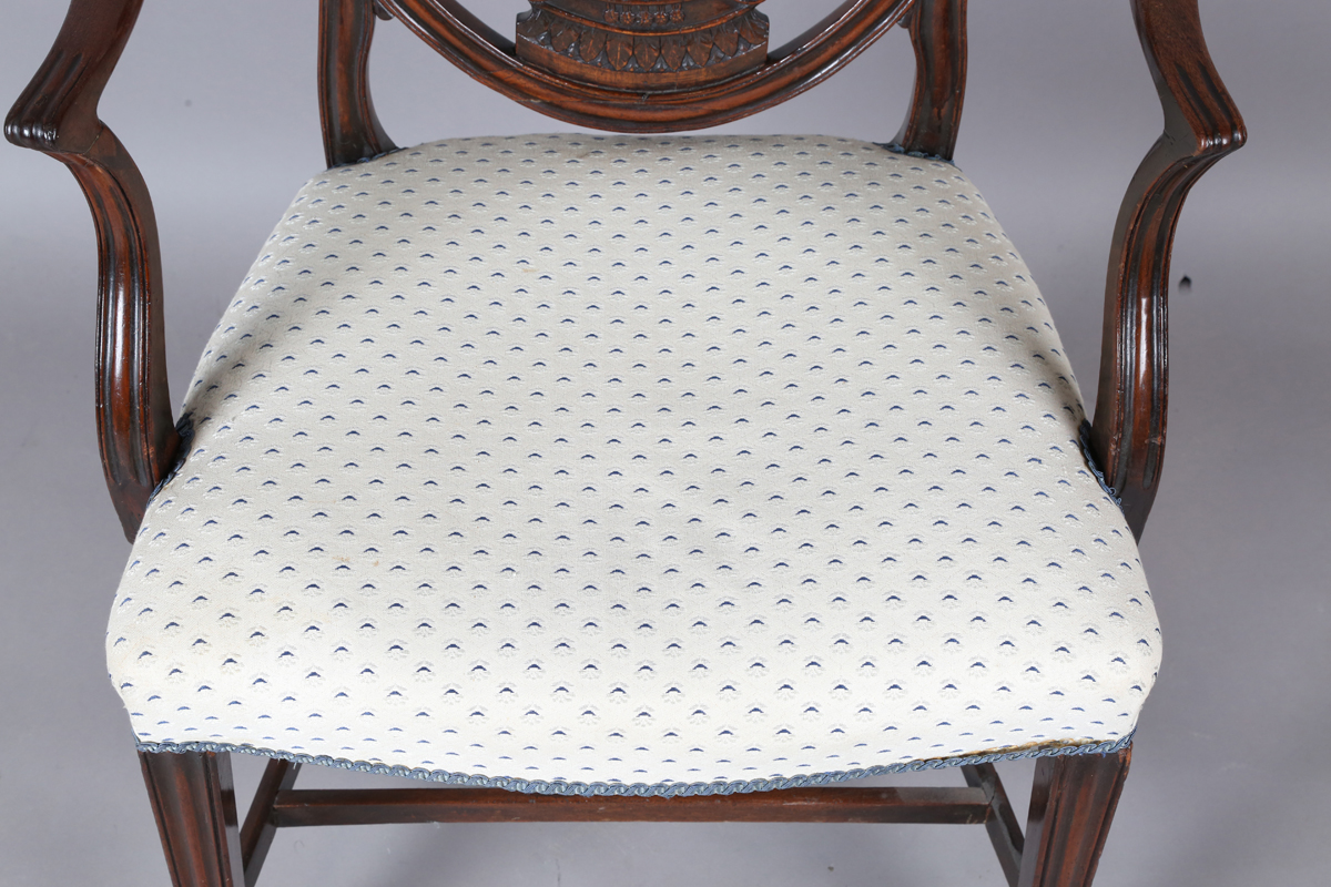 A George III mahogany shield back elbow chair, the seat covered in a patterned damask, height - Image 7 of 12