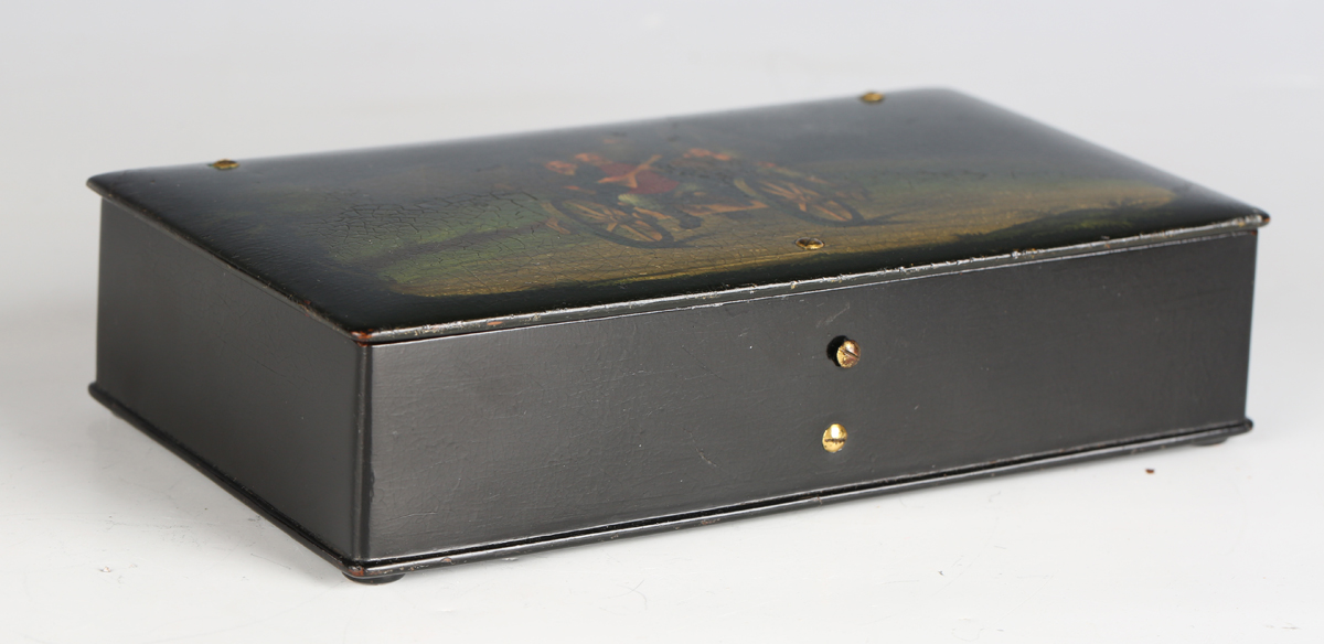 A 19th century Russian papier-mâché rectangular box, the hinged lid painted with four men riding - Image 8 of 10