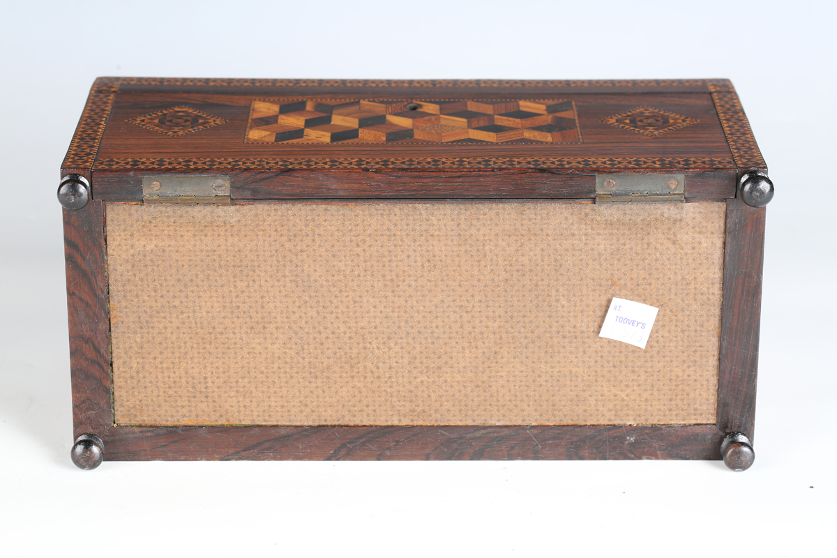 A rare 19th century Tunbridge ware rosewood lace netting box, the hinged lid and sides with - Image 2 of 17