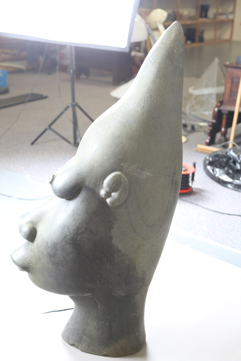 Bernard Matemera - a large late 20th century Shona carved dark green stone surrealist style head, - Image 7 of 17