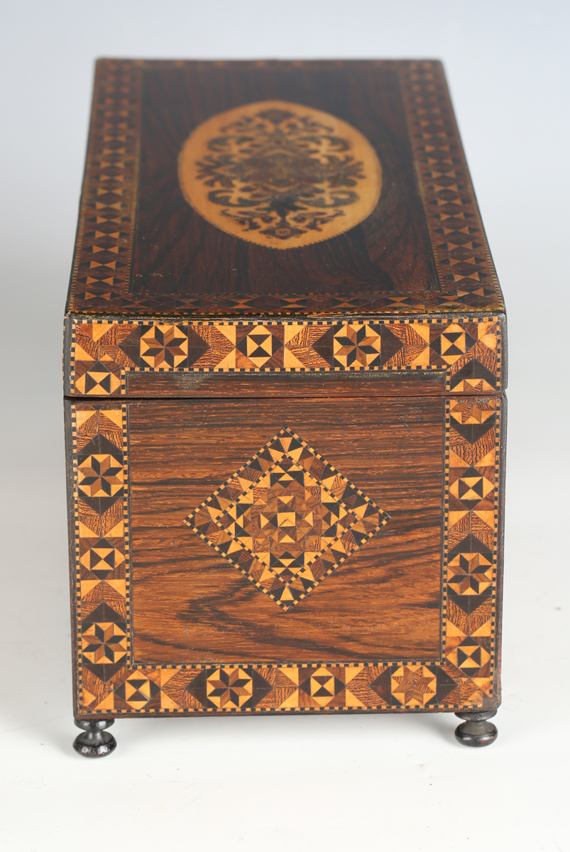 A rare 19th century Tunbridge ware rosewood lace netting box, the hinged lid and sides with - Image 9 of 17