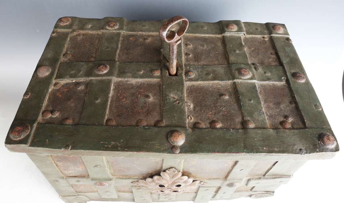 A 17th century steel Armada chest, the strapwork exterior fitted with ring handles, the interior - Image 5 of 13