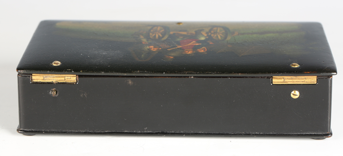 A 19th century Russian papier-mâché rectangular box, the hinged lid painted with four men riding - Image 4 of 10