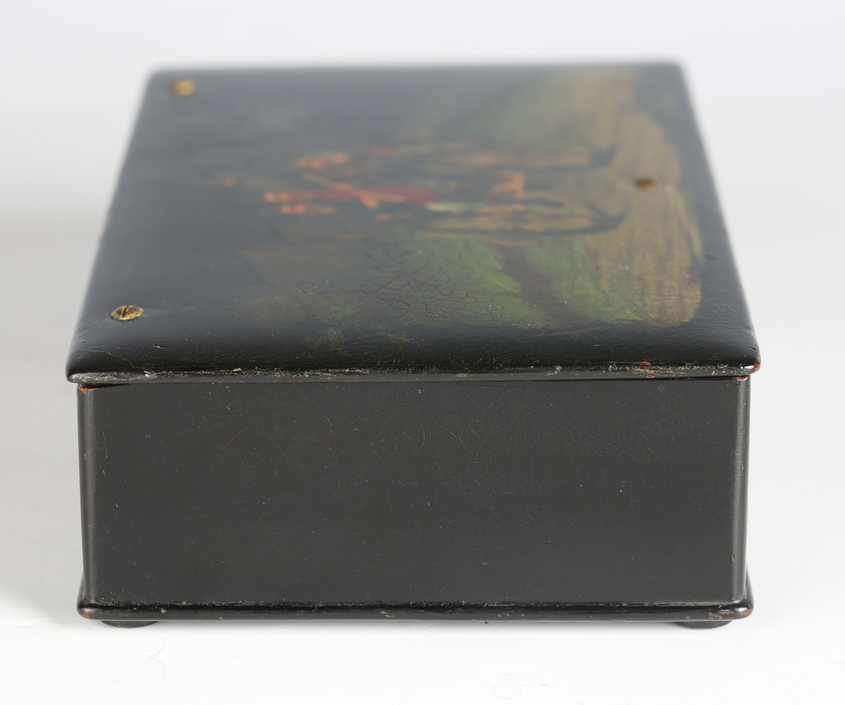 A 19th century Russian papier-mâché rectangular box, the hinged lid painted with four men riding - Image 3 of 10