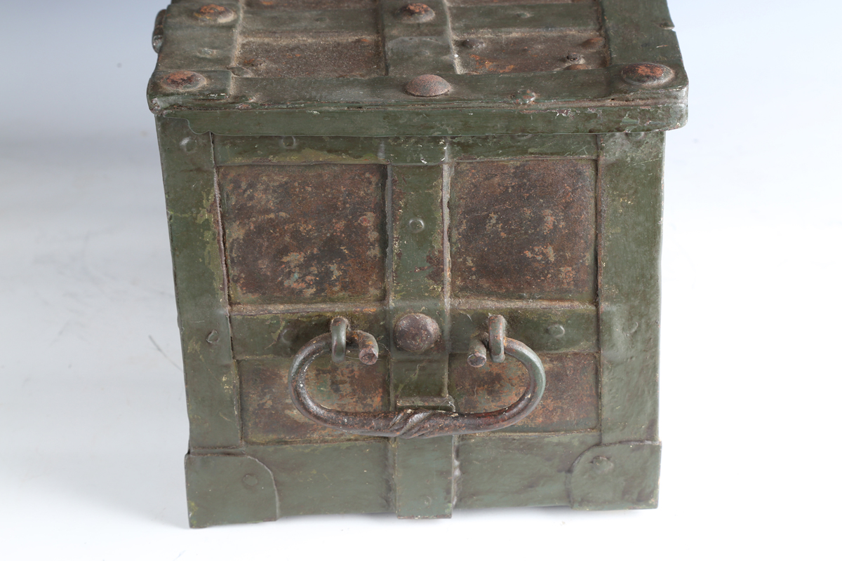 A 17th century steel Armada chest, the strapwork exterior fitted with ring handles, the interior - Image 4 of 13