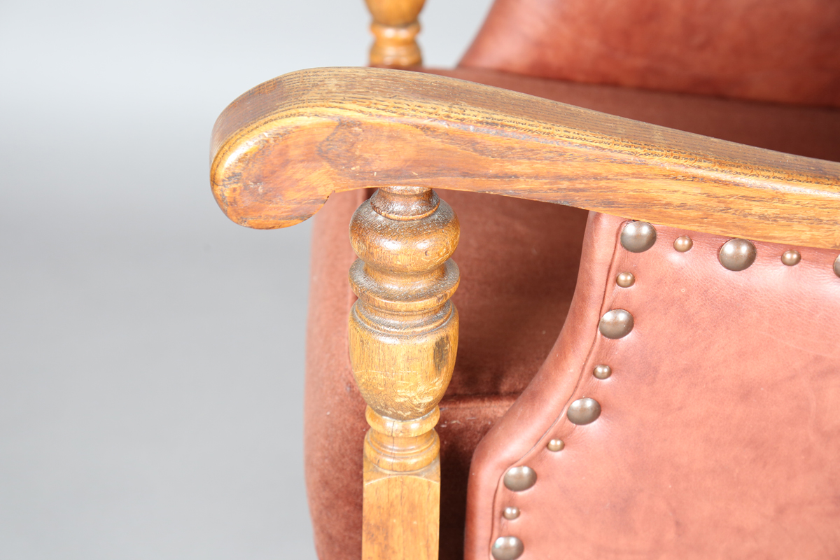 A pair of early/mid-20th century oak framed armchairs, upholstered in buttoned brown leatherette, - Image 4 of 24