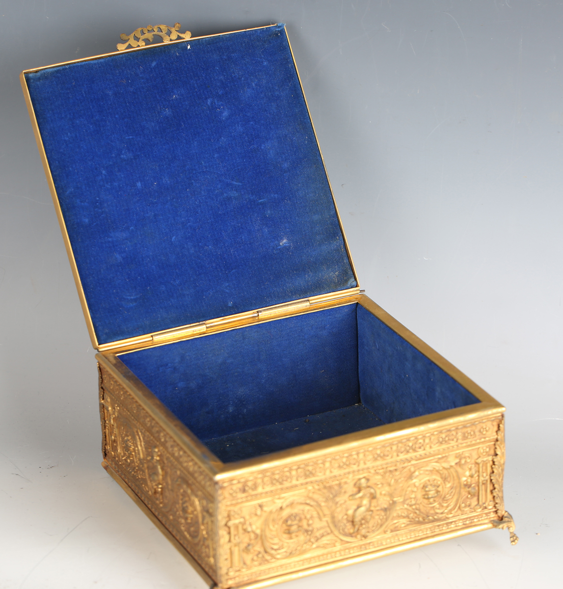 An early 20th century French gilt metal jewellery casket, the top inset with a floral painted - Image 2 of 9