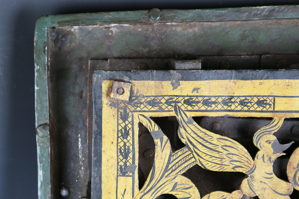 A 17th century steel Armada chest, the strapwork exterior fitted with ring handles, the interior - Image 12 of 13