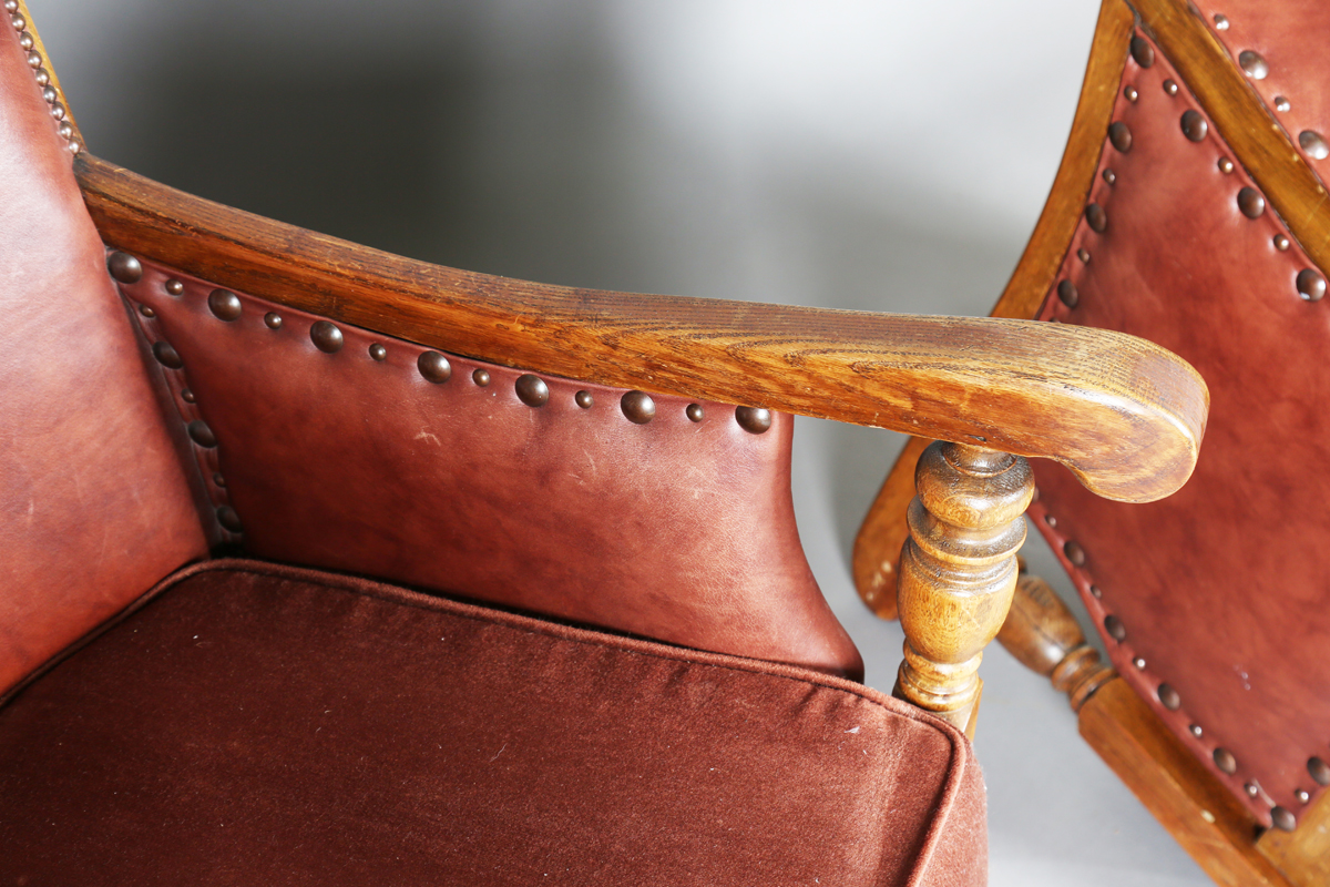 A pair of early/mid-20th century oak framed armchairs, upholstered in buttoned brown leatherette, - Image 11 of 24