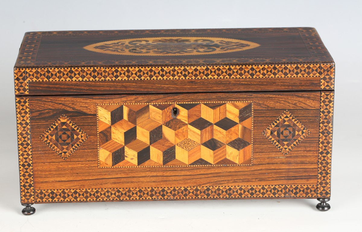 A rare 19th century Tunbridge ware rosewood lace netting box, the hinged lid and sides with - Image 14 of 17