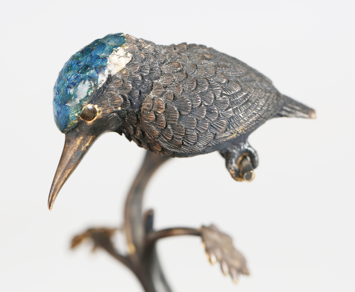 A 20th century Continental cold painted cast bronze model of a kingfisher perched on a branch, - Image 5 of 6