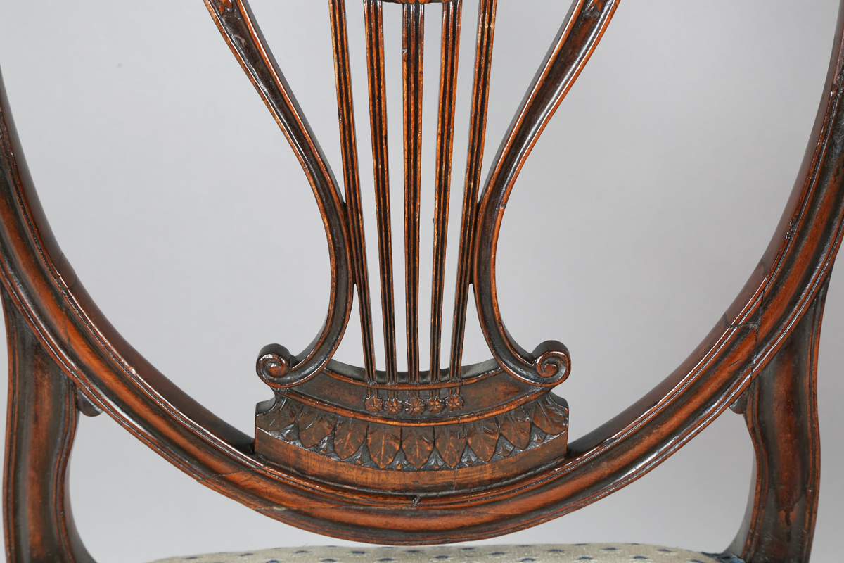 A George III mahogany shield back elbow chair, the seat covered in a patterned damask, height - Image 10 of 12