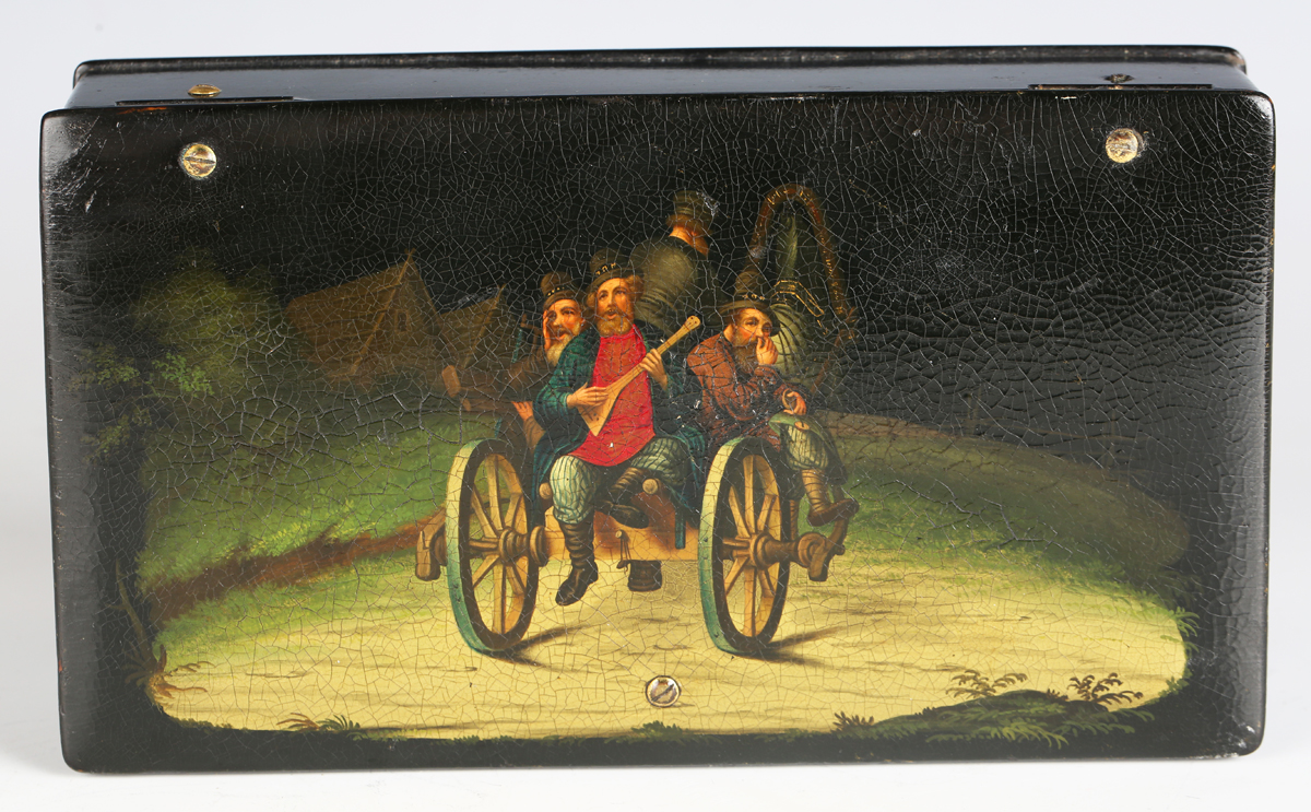 A 19th century Russian papier-mâché rectangular box, the hinged lid painted with four men riding