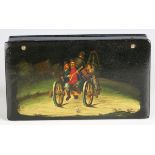 A 19th century Russian papier-mâché rectangular box, the hinged lid painted with four men riding