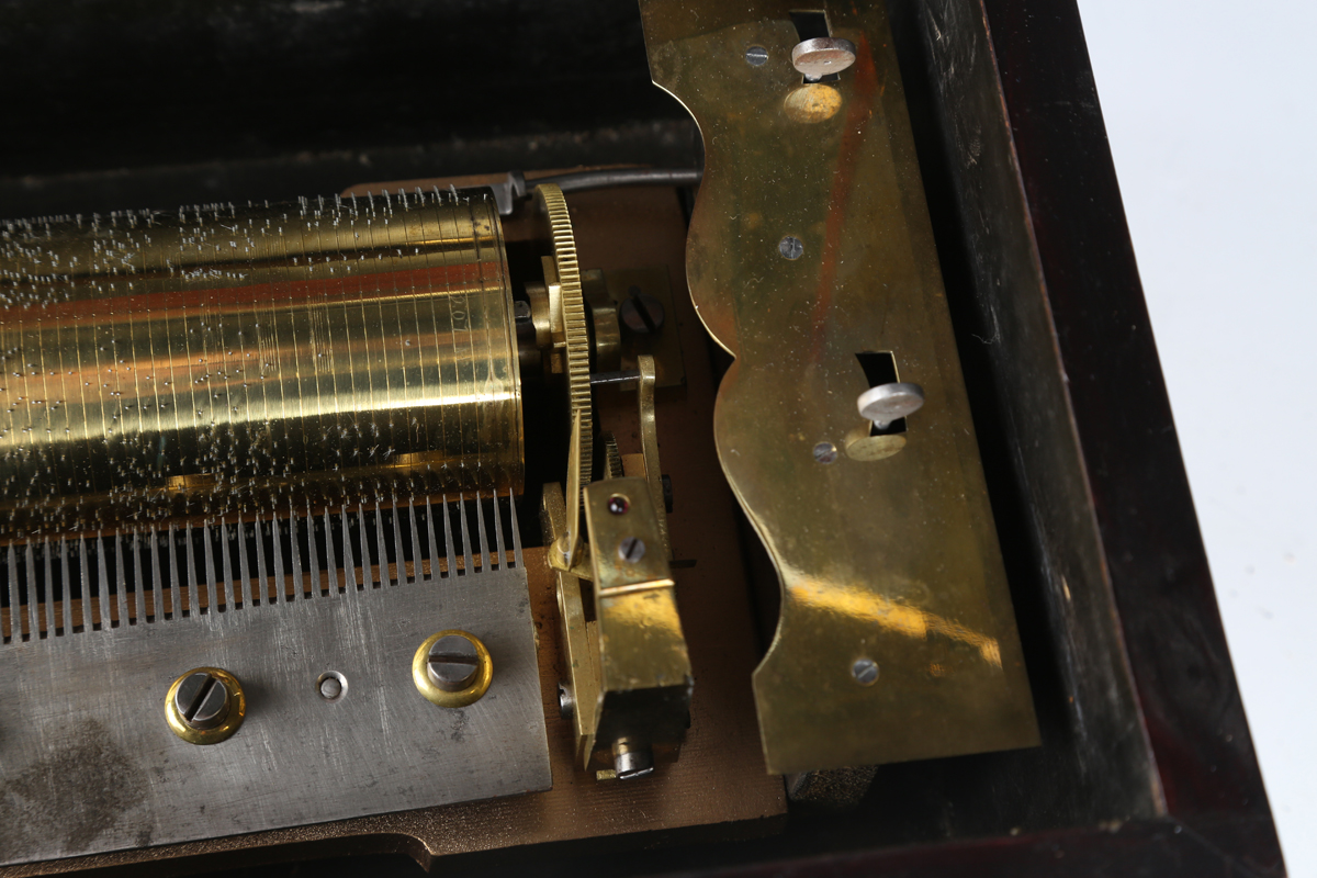 A 19th century amboyna and brass inlaid Swiss music box, the lever-wind mechanism playing a 33.5cm - Image 5 of 8