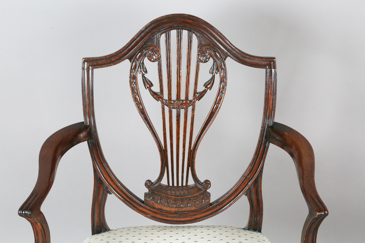 A George III mahogany shield back elbow chair, the seat covered in a patterned damask, height - Image 12 of 12