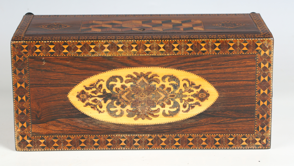 A rare 19th century Tunbridge ware rosewood lace netting box, the hinged lid and sides with - Image 5 of 17