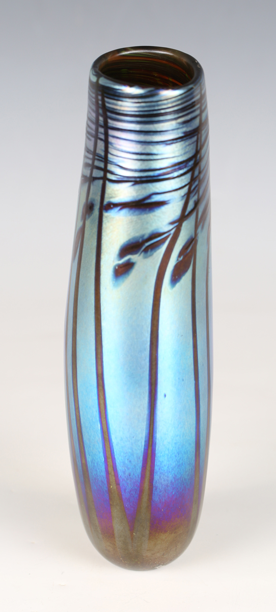 A Norman Stuart Clark iridescent studio glass vase, the elongated body decorated with stylized - Image 10 of 13