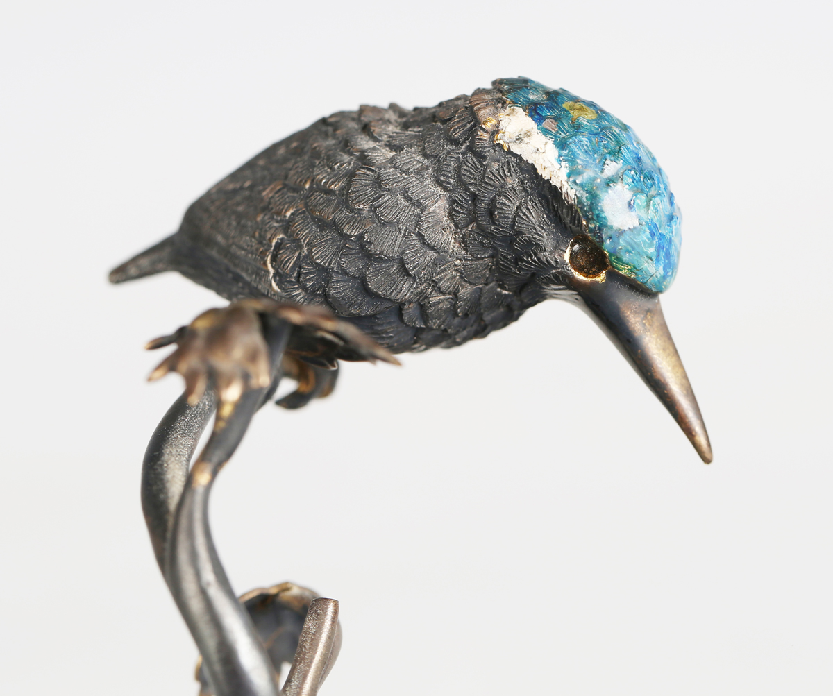 A 20th century Continental cold painted cast bronze model of a kingfisher perched on a branch, - Image 4 of 6